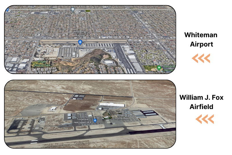 William J. Fox Airfield is situated in the Antelope Valley, 5 miles away from Lancaster. In contrast, Whiteman Airport is located in the heart of Pacoima, a crosswalk away from a densely populated community. 