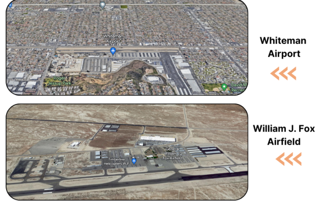 William J. Fox Airfield is situated in the Antelope Valley, 5 miles away from Lancaster. In contrast, Whiteman Airport is located in the heart of Pacoima, a crosswalk away from a densely populated community. 