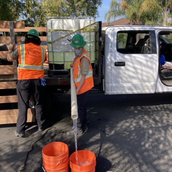 Corps members preparing water for trees