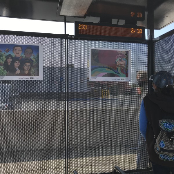 Bus rider takes in the artwork on display at the bus shelter