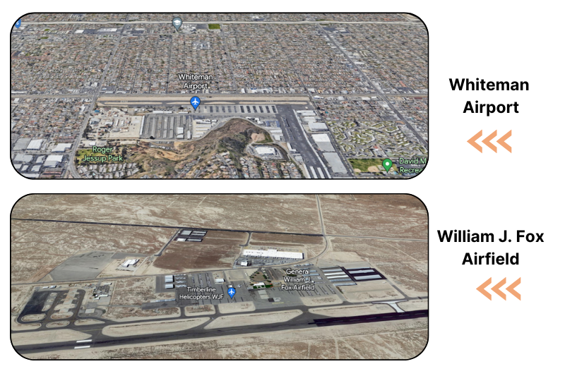 William J. Fox Airfield is situated in the Antelope Valley, 5 miles away from Lancaster. In contrast, Whiteman Airport is located in the heart of Pacoima, a crosswalk away from a densely populated community.