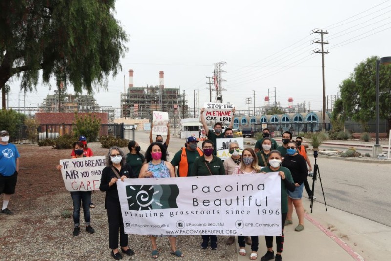 Residents and activists protest outside the LADWP plant in Sun Valley